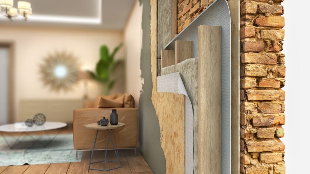 Interior wall thermal insulating, 3d illustration