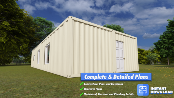 40ft Double Container Home Plans – Spacious One Bedroom Studio with Luxury Bathroom – DIY Modern Minimalist Living – Digital Blueprints