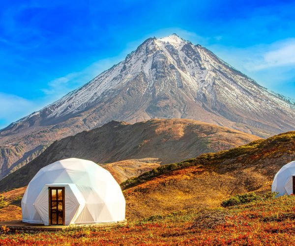 White,Glamping,On,The,Slope,Of,A,Volcano,In,Autumn